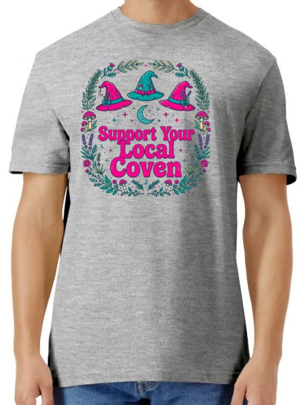 Support Your Local Coven Graphic  Tee - Gray with Pink & Teal